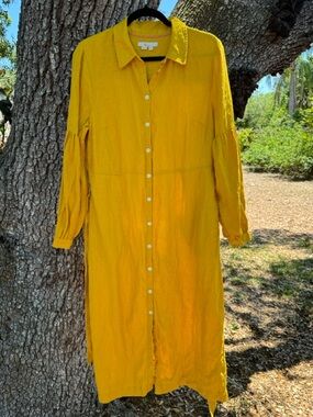 Boden-100% Linen Yellow Button-Front Midi Shirt Dress with Sash.Size 10